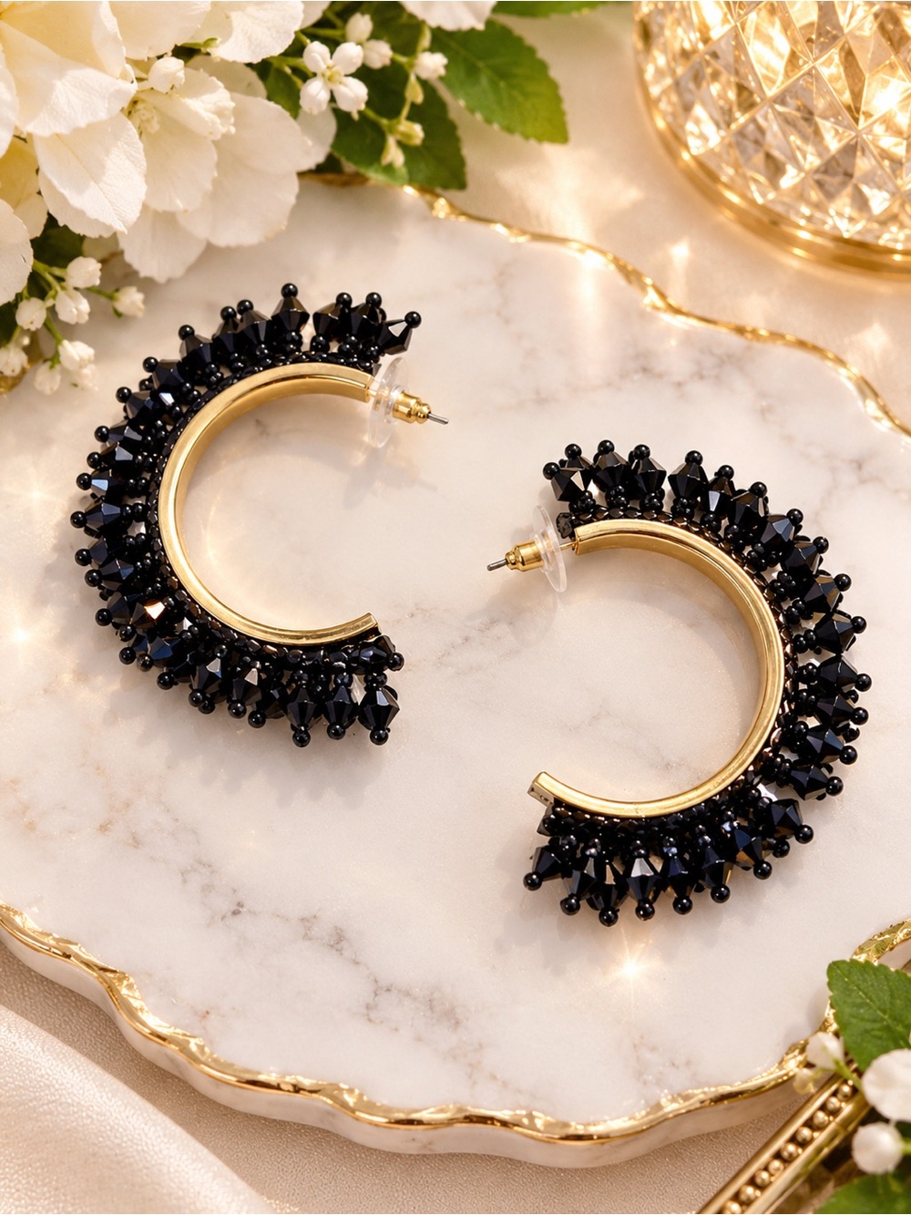 Gold Hoop Earrings with Black Crystal Beading - Women Jewelry